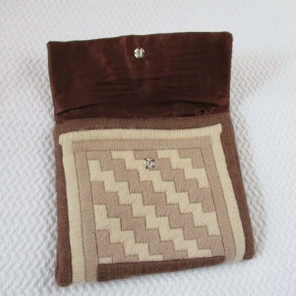 Vintage wool handwoven boho clutch bag brown beige soft lined pouch hand made - Picture 2 of 9